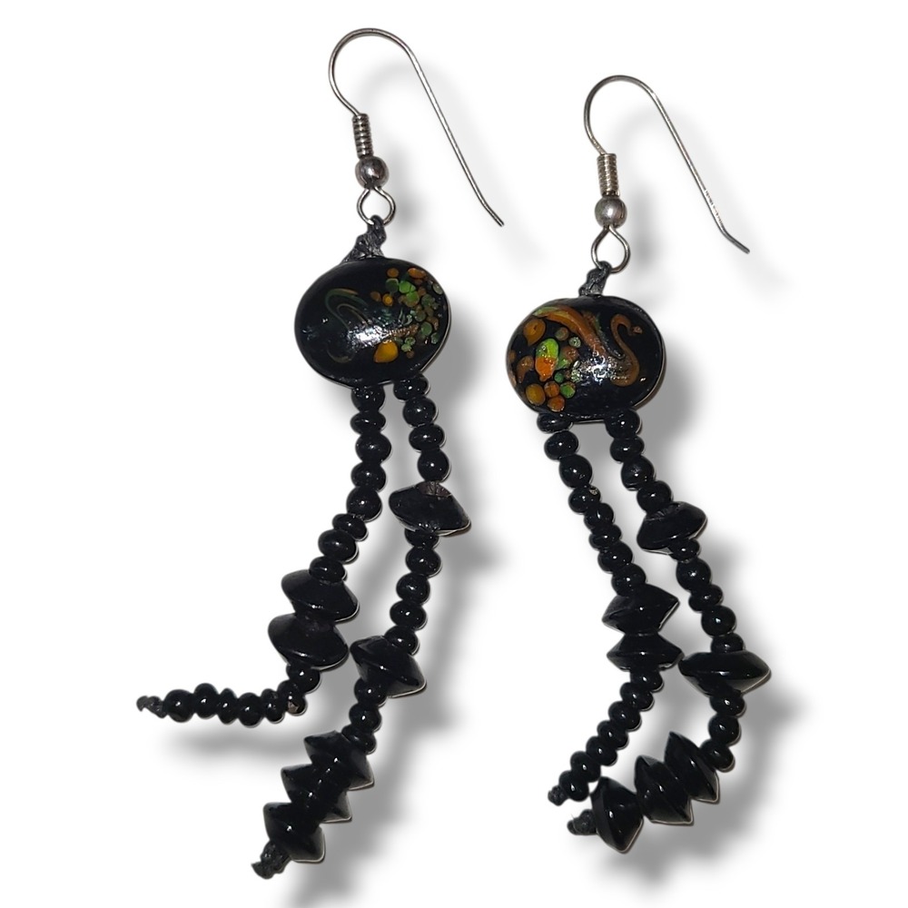Vintage Black Beaded Dangle Earrings Hand Painted Wood Bead Boho Artisan